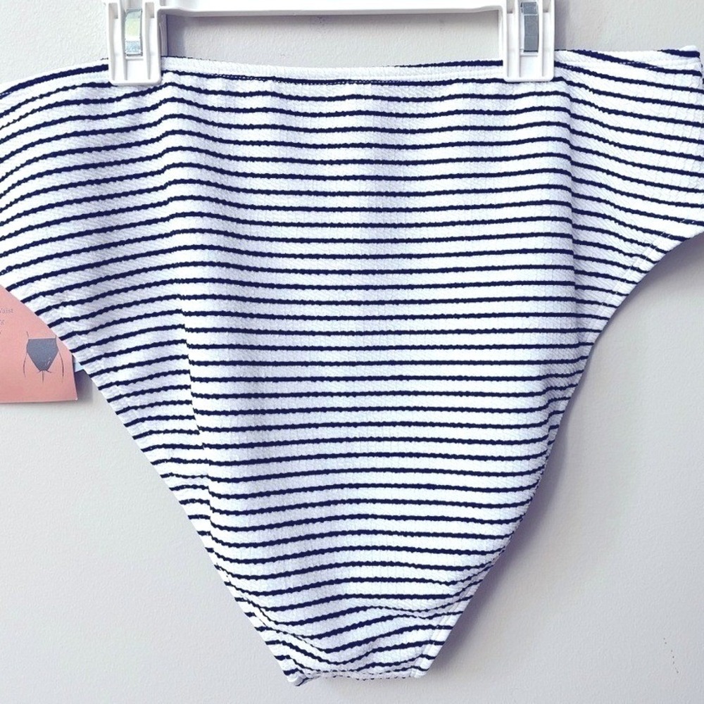 Shade & Shore High Waist Navy Striped Ribbed Bikini Bottom XL High Leg NWT - Picture 4 of 11